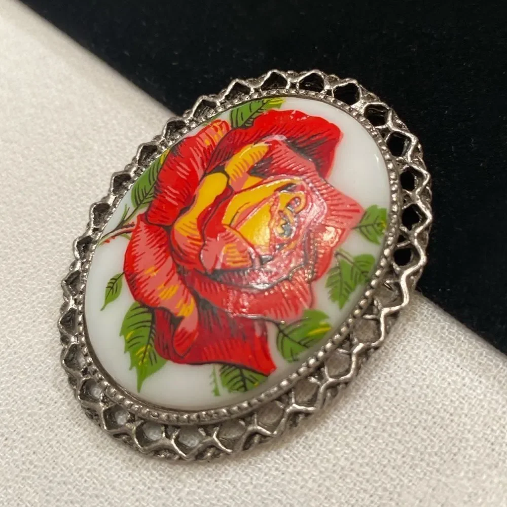 Vintage Silver Brooch With Porcelain Flower Cameo
